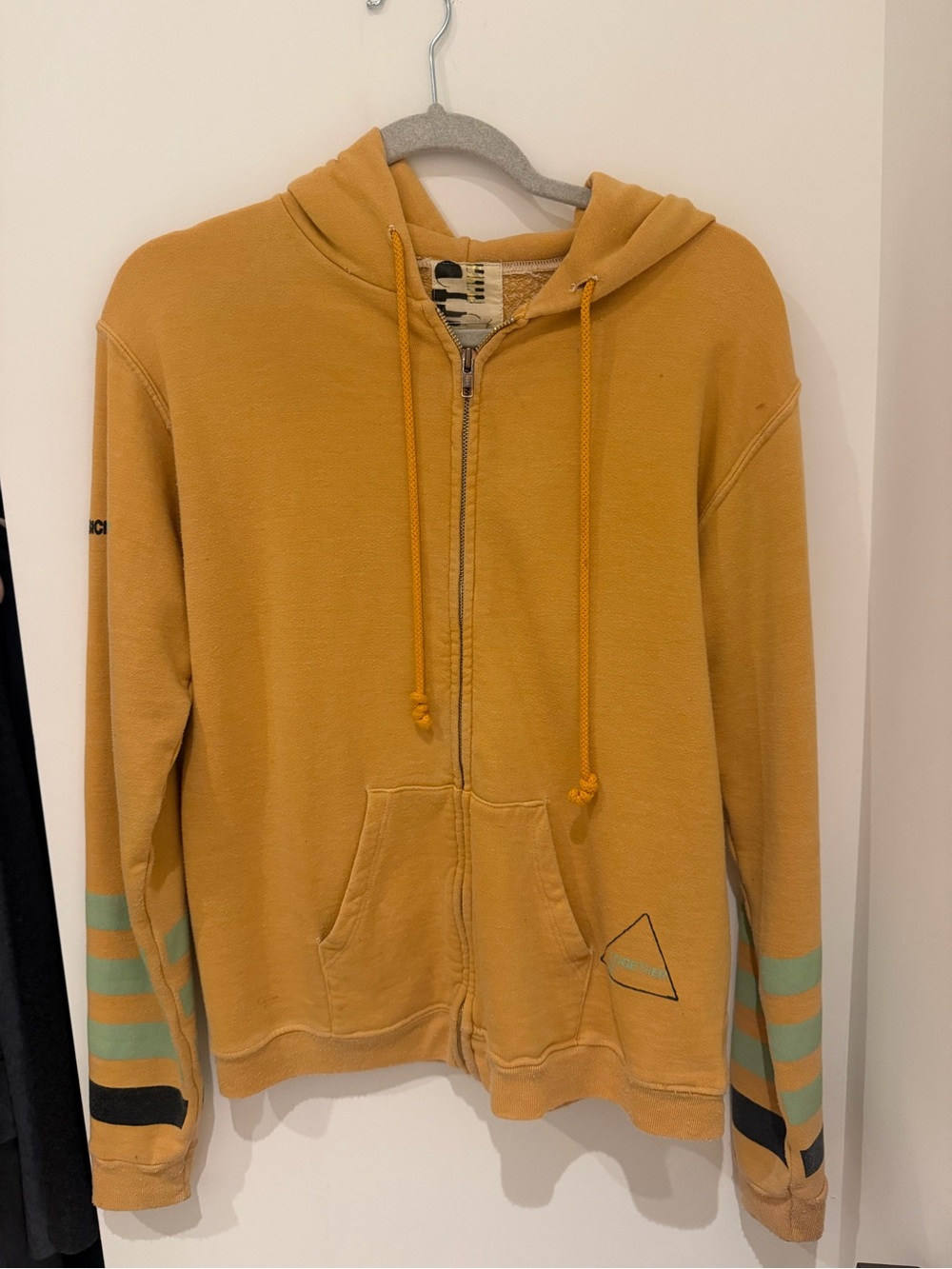 freecity Women's Mustard Zip-Up Hoodie with Teal and Black Stripe Sleeves